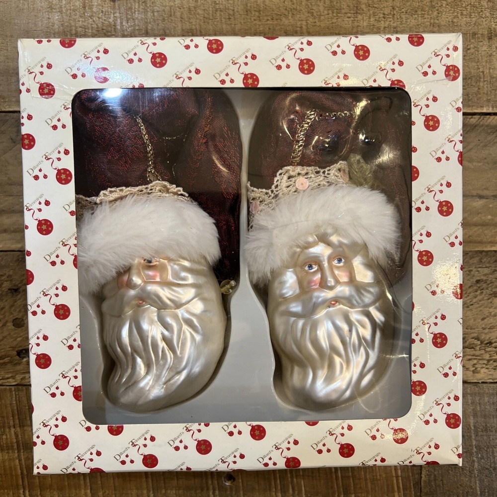 Pair Vintage Dillards Trimmings Blown Glass Ornament Santa Claus Heads Set Of 2